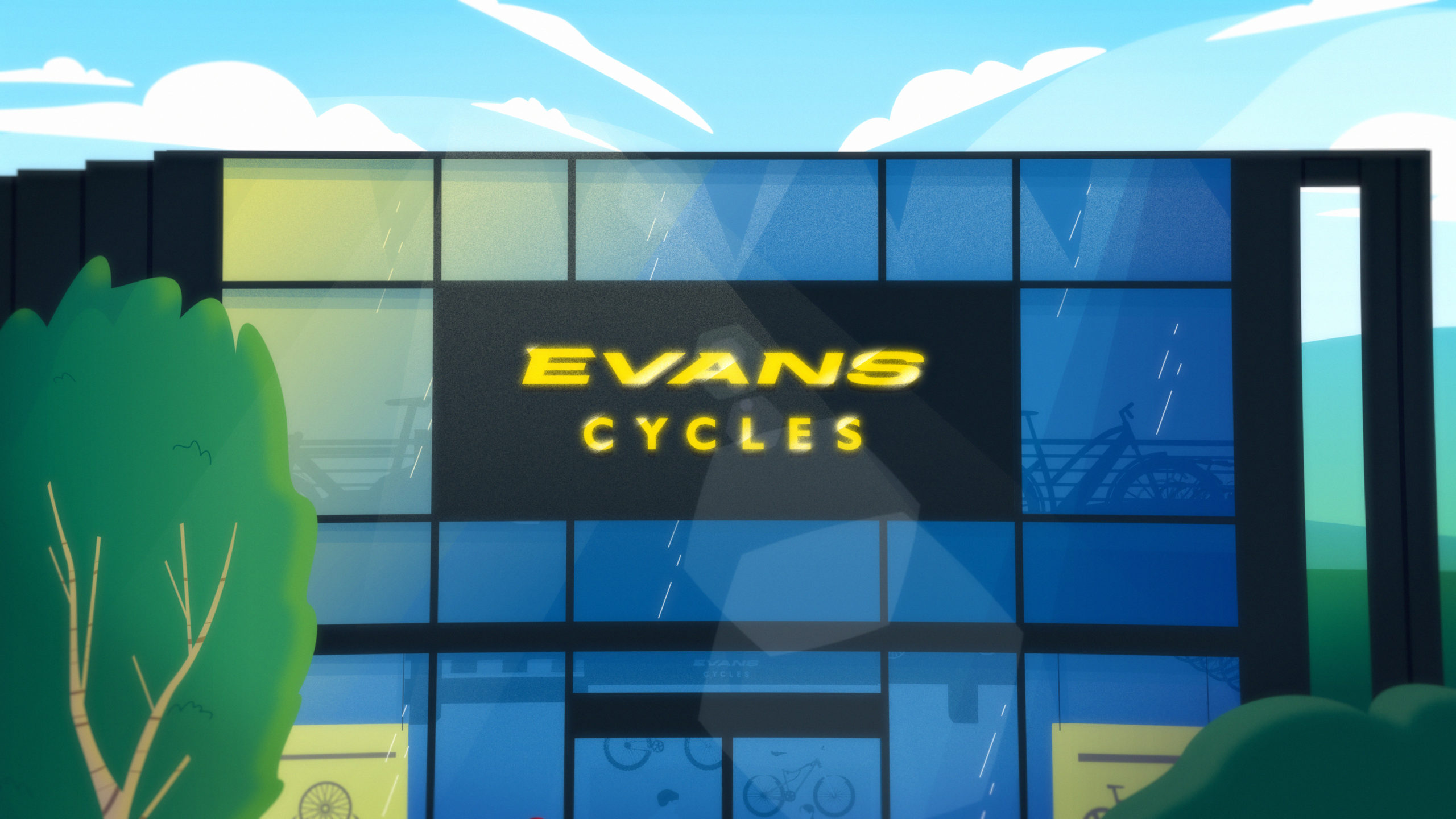 Illustration of a modern Evans Cycles store with a reflective glass front, yellow logo signage, and bikes displayed inside, set against a bright blue sky and green landscape.