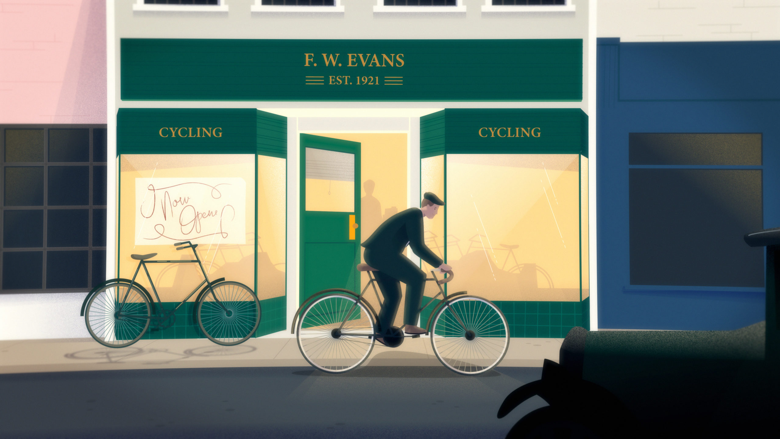Illustration of a man riding a bicycle past the F.W. Evans cycling shop, established in 1921, with a 