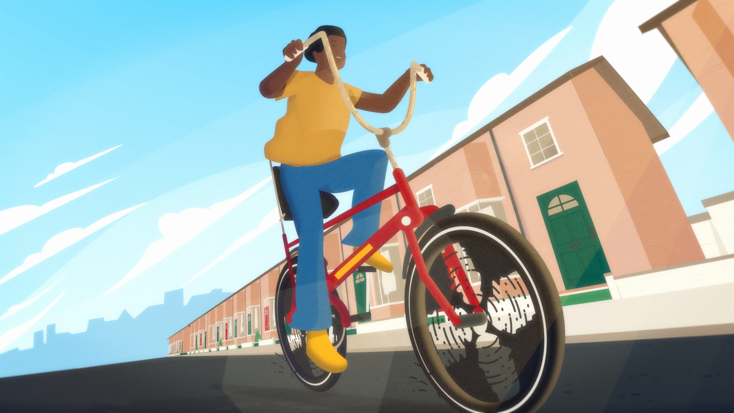 Illustration of a smiling man riding a red chopper-style bike down a sunny residential street lined with terraced houses, under a bright blue sky with white clouds.