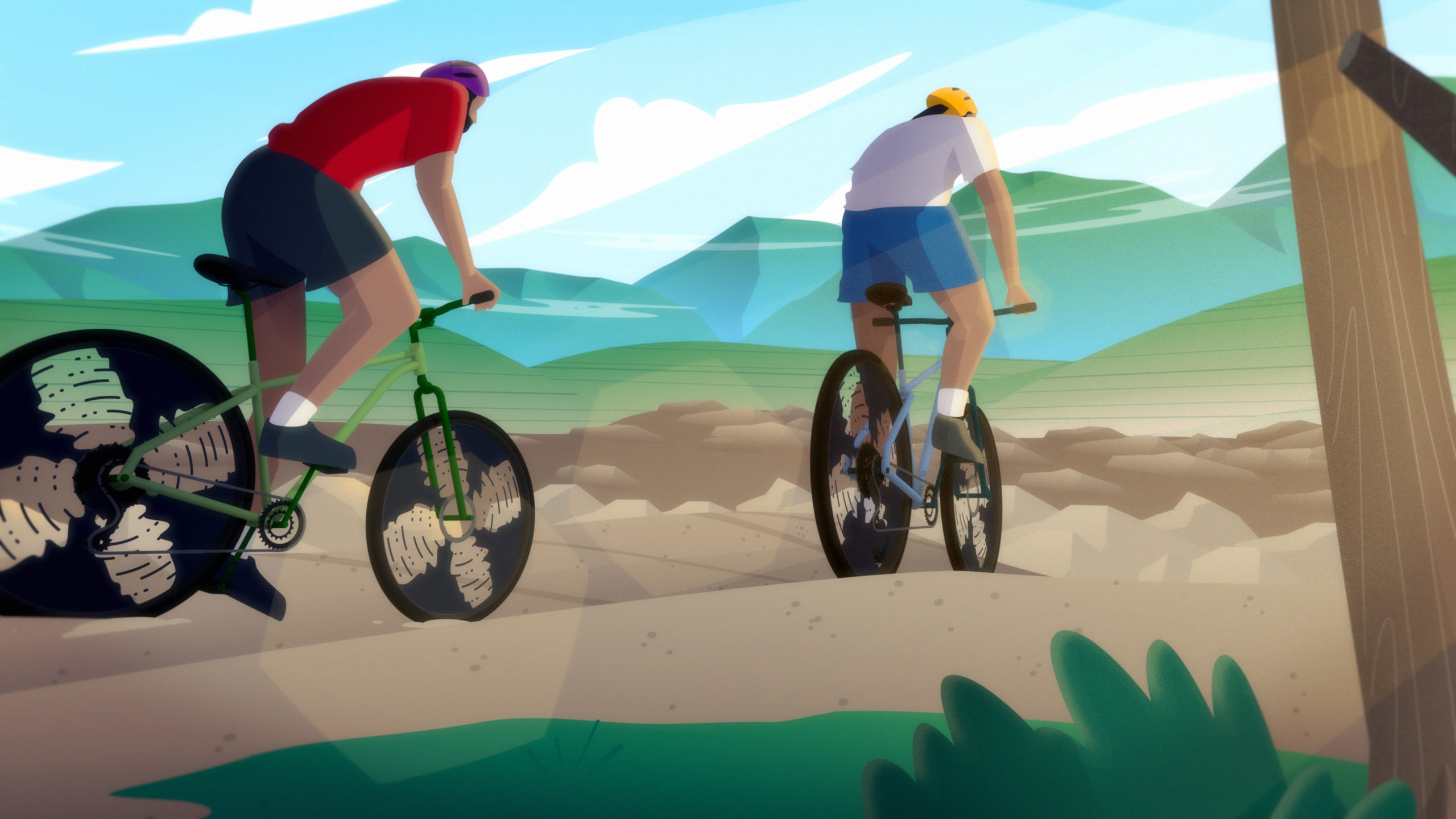 Illustration of two cyclists mountain biking on a rocky trail with green hills and blue skies in the background, wearing helmets and riding modern bikes with rugged wheels.