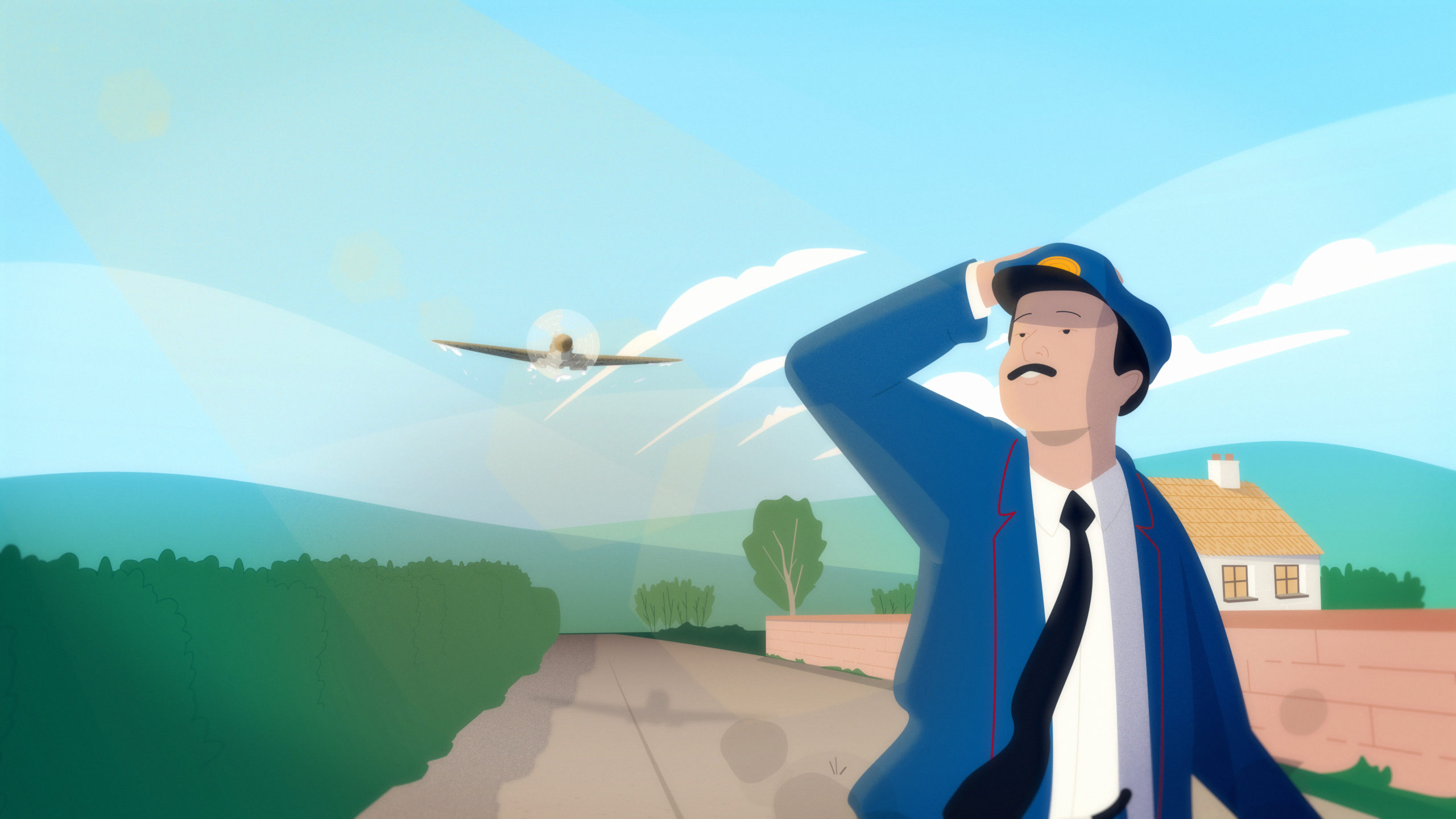 Illustration of a man in a blue uniform shielding his eyes while a vintage plane flies low overhead, set on a countryside road with hills and a cottage in the background.
