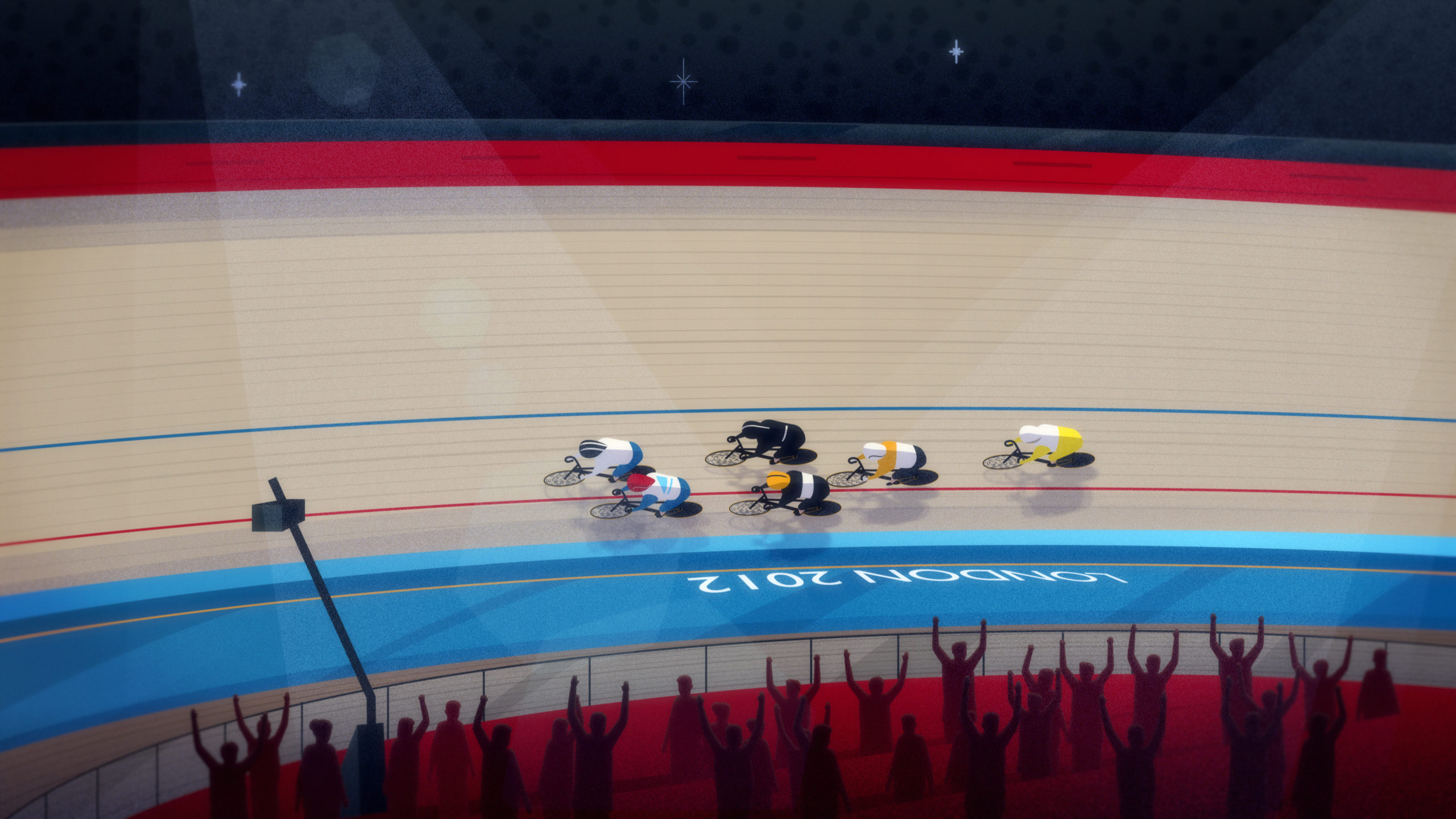 Illustration of cyclists racing in a velodrome under spotlights, with cheering silhouettes of spectators in the stands and 