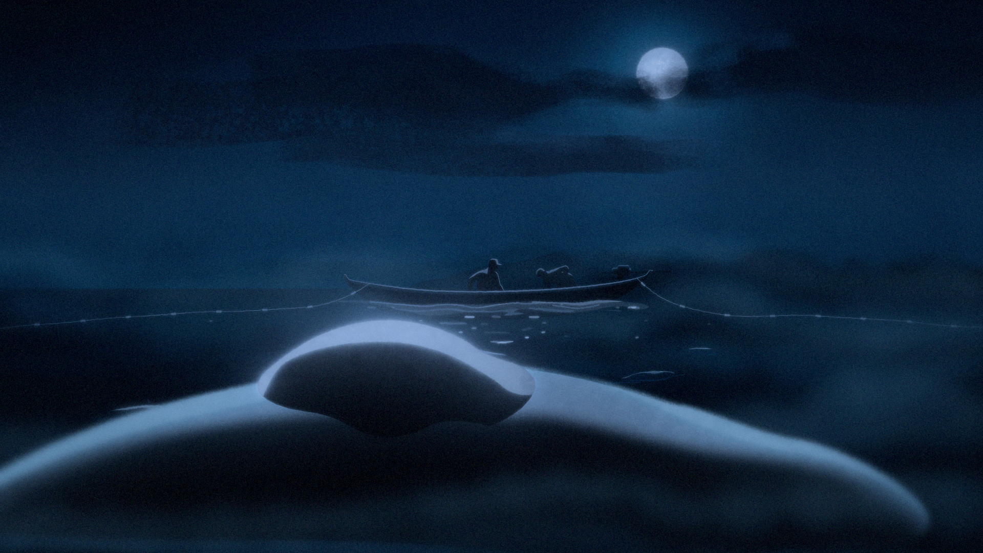 Illustration of a dolphin surfacing near a fishing boat under moonlight, highlighting the peaceful yet fragile coexistence between marine life and traditional fishing practices.