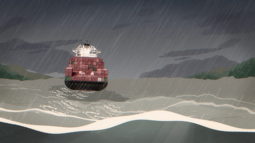 An illustration of a cargo ship in stormy seas, with rain pouring and dark clouds above, symbolizing the environmental risks of maritime transport, especially during extreme weather events.