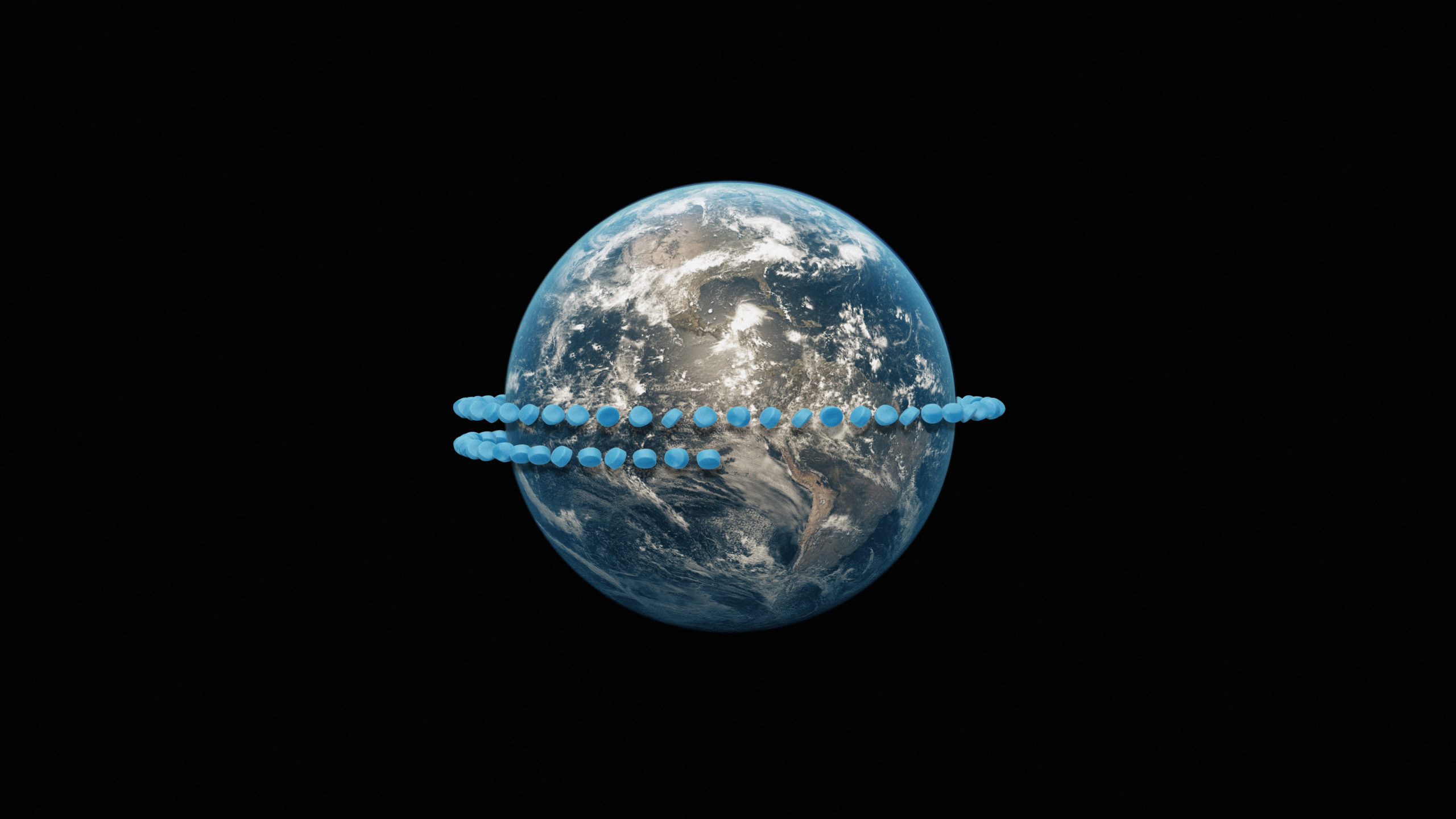 A view of Earth from space with two rings of blue dots encircling it, symbolizing the global spread of plastic nurdles or environmental pollution on a planetary scale.