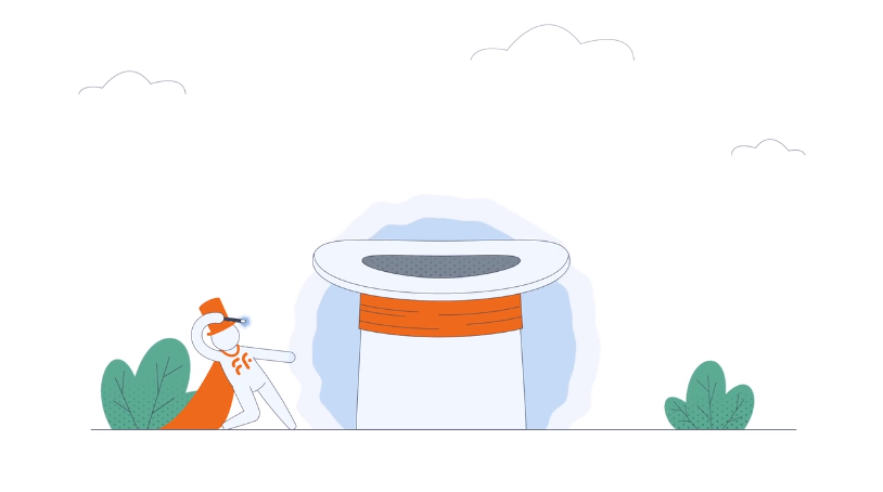 Illustration of a superhero character with a cape and VR headset gesturing toward a giant magician’s hat, suggesting innovation, imagination, or digital transformation magic.