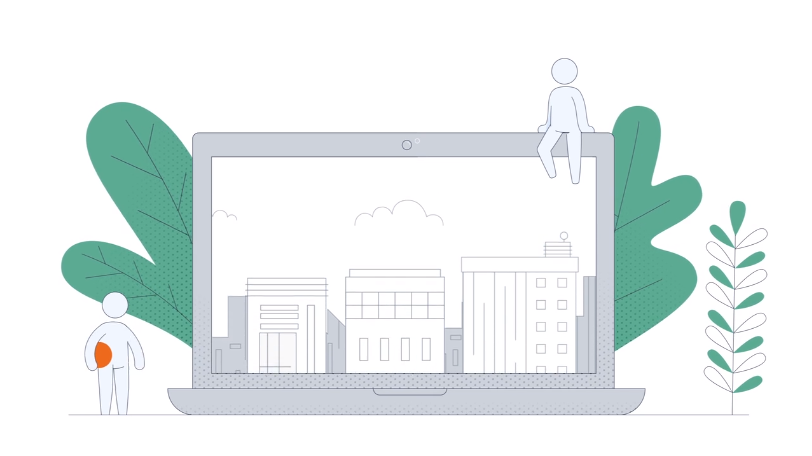 Illustration of a laptop displaying a cityscape, with minimalist human figures interacting around it and large green leaves in the background, symbolizing digital connectivity and community growth.