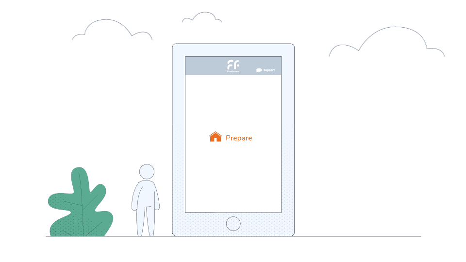 Illustration of a character standing beside a large tablet displaying the word 