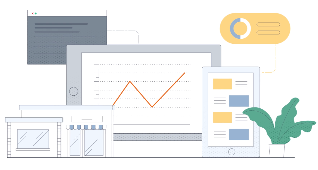 Illustration of digital devices displaying analytics and content, surrounded by a storefront and plant, representing small business growth and data-driven insights through technology.