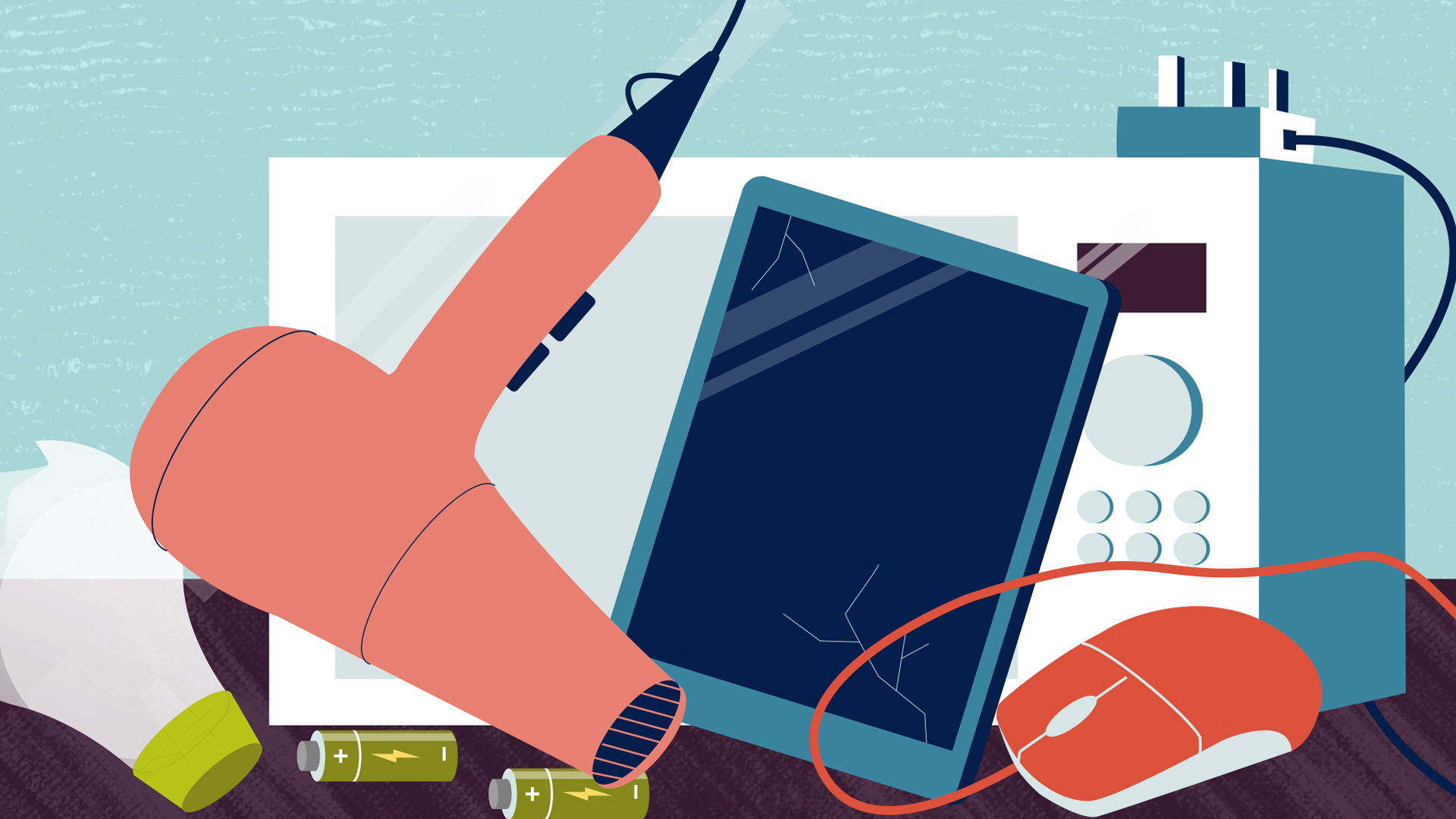 Illustration of broken electronics including a hairdryer, tablet, lightbulb, batteries, and a computer mouse, highlighting the need for better recycling and repair to support a circular economy.