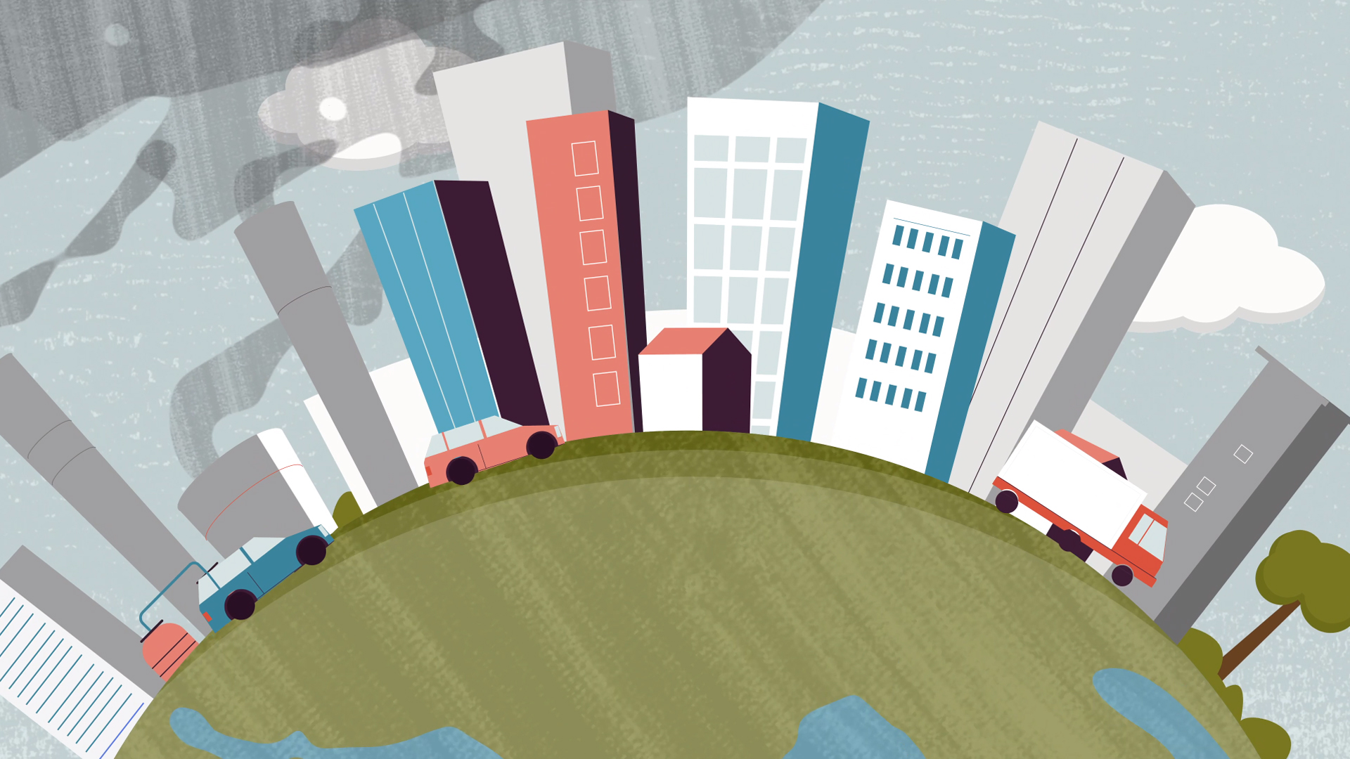 Illustration of a curved Earth with tall buildings, cars, and trucks, under a cloudy sky, symbolizing urbanization and environmental impact.