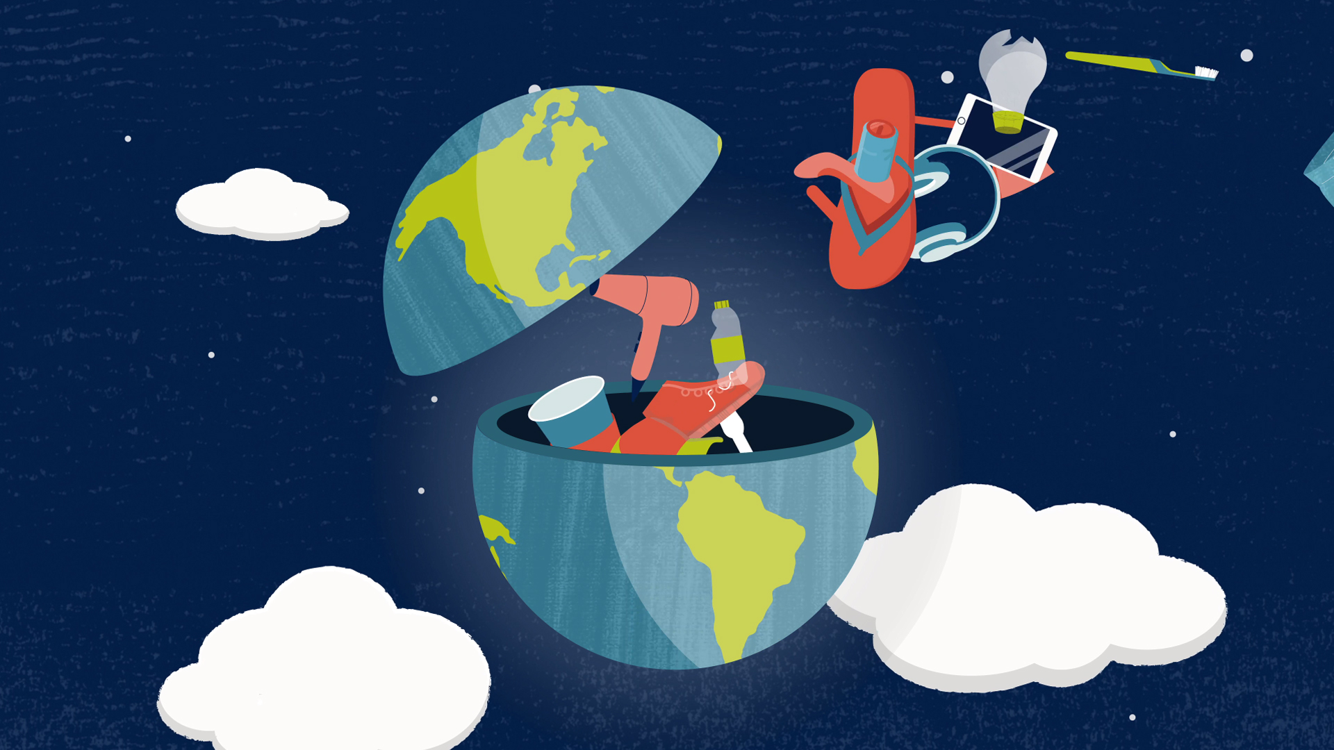 Illustration of a split Earth filled with everyday items like shoes, a hairdryer, and a bottle, floating in a dark sky with clouds, representing consumption and waste.
