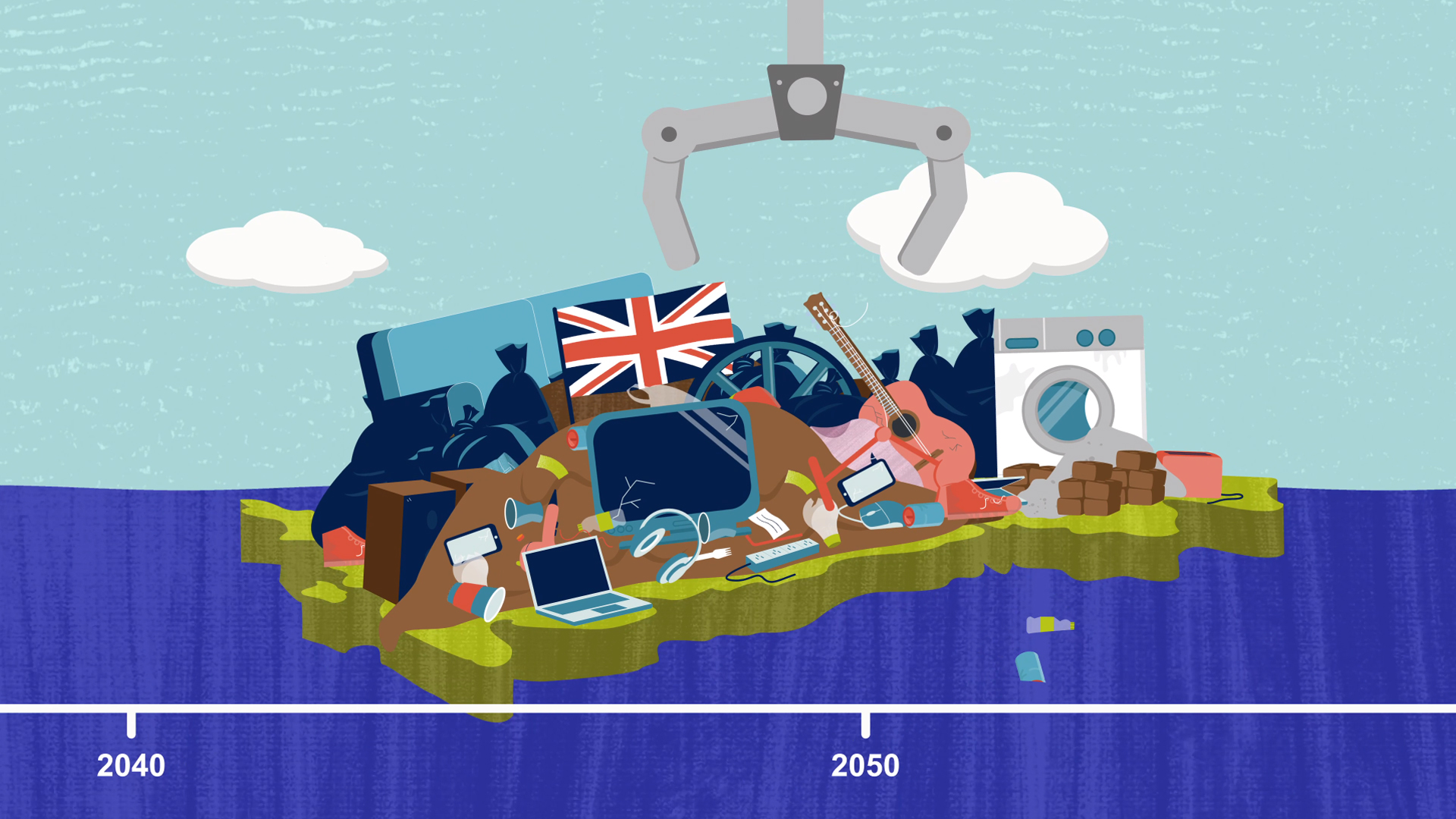 Illustration of the UK covered in waste, including electronics and household items, with a timeline to 2050, highlighting the urgent need for better recycling and waste management solutions.