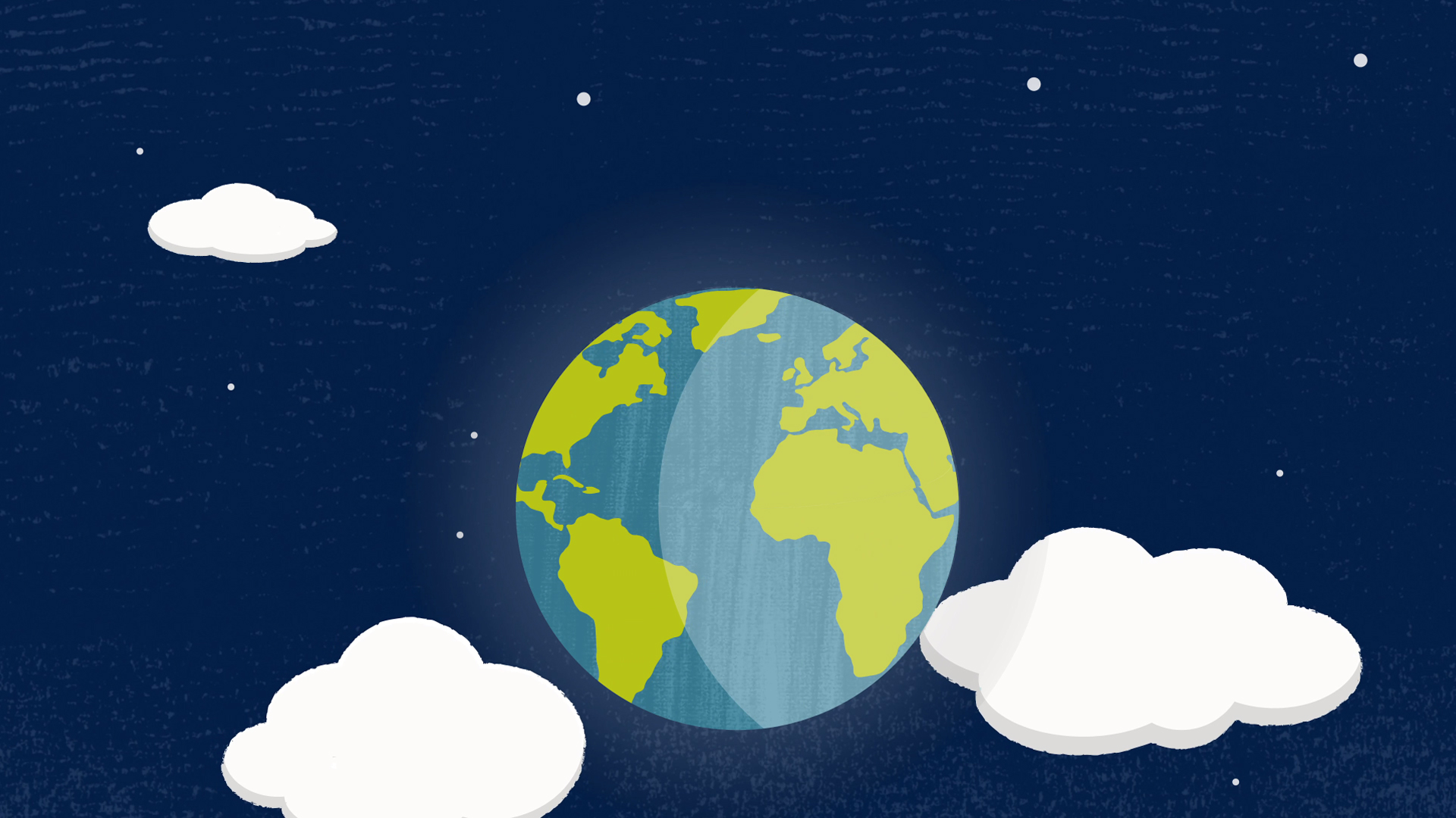 Illustration of Earth floating in space surrounded by white clouds and stars, symbolizing global environmental awareness and sustainability.