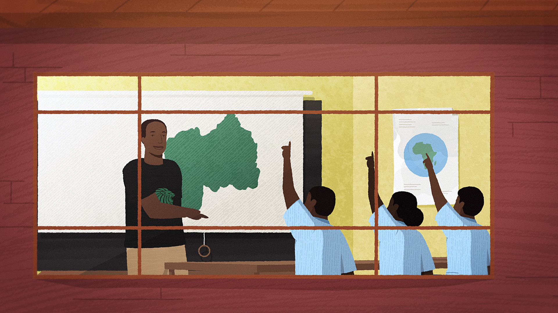 Illustration of a teacher pointing at a map in a classroom while three students eagerly raise their hands, seen through a window with educational posters on the wall.