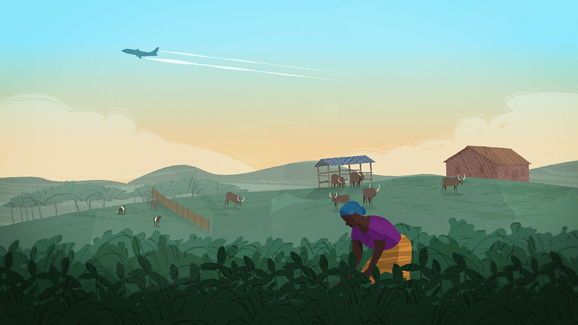 Illustration of a rural landscape at sunrise with a woman farming, cattle grazing, a house and shed in the background, and an airplane flying overhead with a visible contrail.