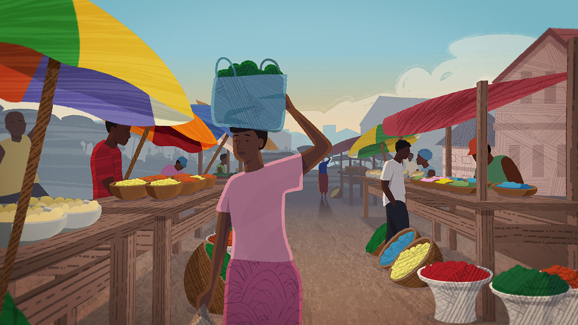 Illustration of a bustling outdoor market with colorful umbrellas, people selling and buying produce, and a woman walking through the scene carrying a basket of greens on her head.