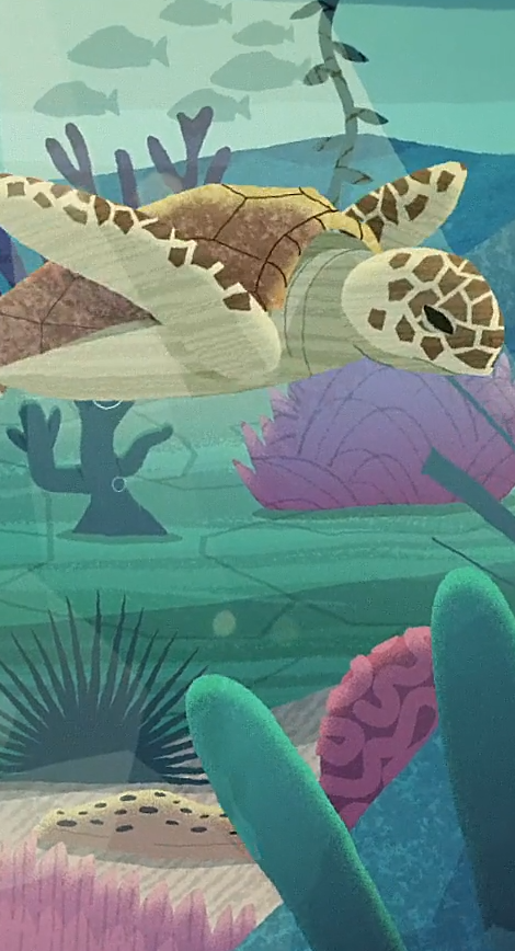 Illustration of a sea turtle swimming through a vibrant coral reef, surrounded by colorful marine plants and fish in an underwater seascape.