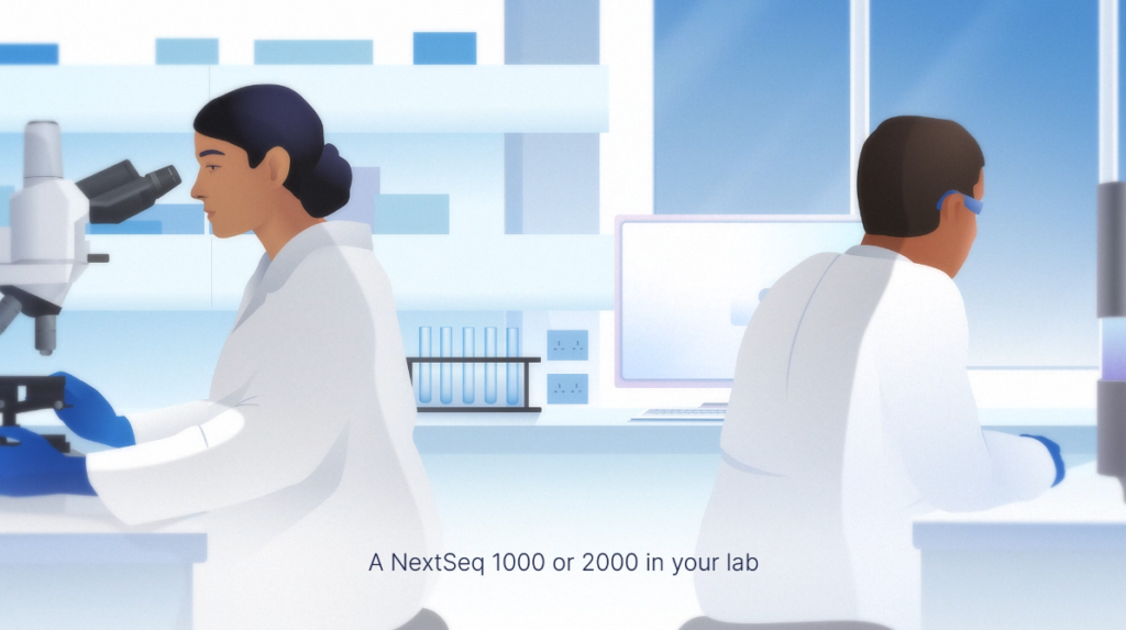 Illustration of two scientists working in a modern lab, one using a microscope and the other on a computer, with the caption “A NextSeq 1000 or 2000 in your lab.”