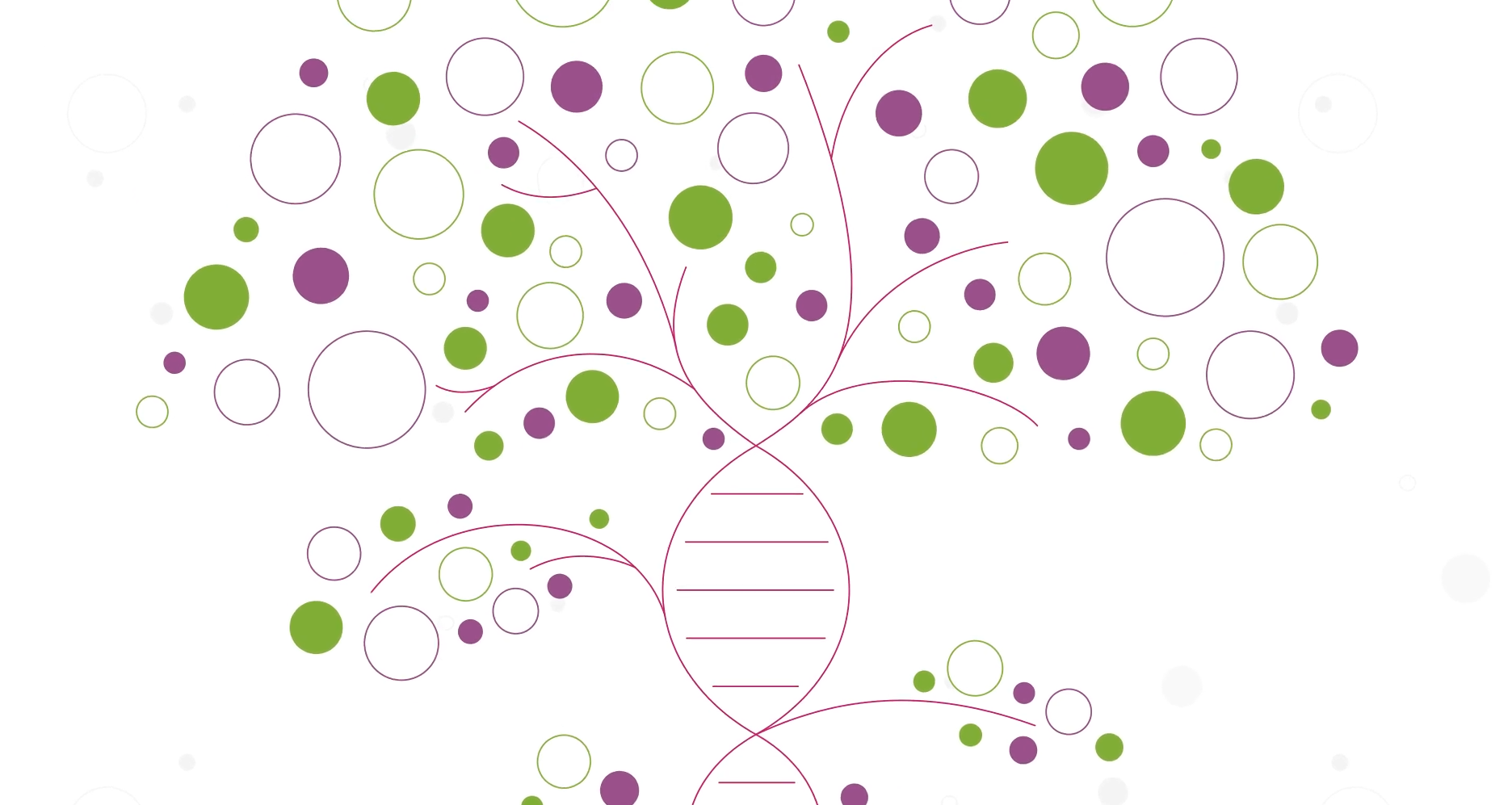 Abstract illustration of a DNA strand forming the trunk of a tree, with colorful circles representing leaves, symbolizing genetic diversity and growth in a stylized, nature-inspired design.