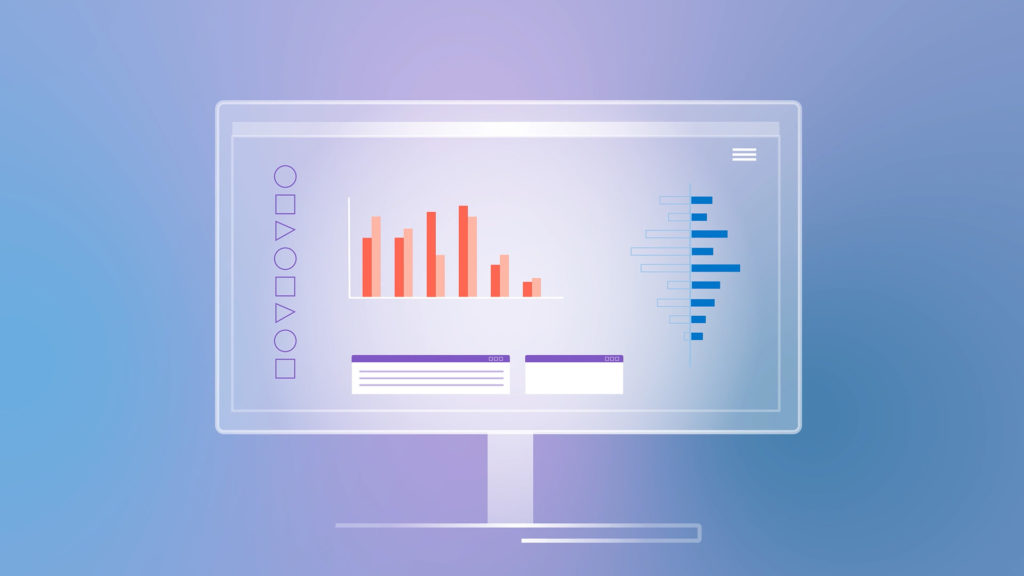 Illustration of a computer screen displaying colorful bar charts, data visualizations, and UI elements on a gradient blue background, representing digital data analysis or bioinformatics software.