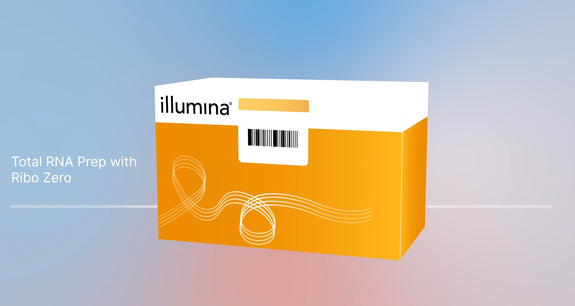 Illustration of an Illumina Total RNA Prep with Ribo Zero kit box, featuring an orange and white design with barcode and branding, set against a gradient blue-to-pink background.