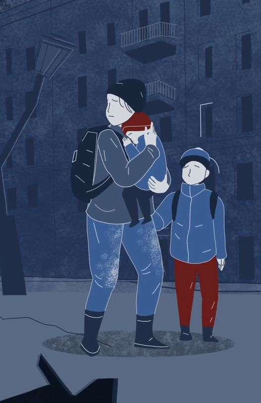 Illustration of a mother holding a baby and standing beside a young child in a dark, urban setting, conveying a sense of distress and displacement.