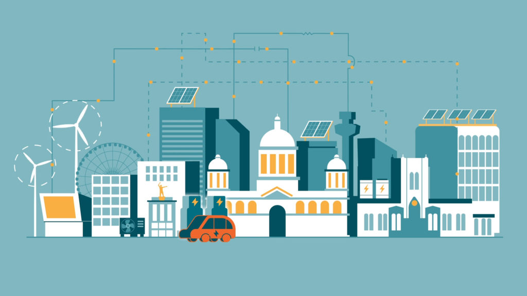 Illustration of a smart city with wind turbines, solar panels, electric vehicles, and energy connections linking buildings, symbolizing sustainable infrastructure and a connected energy network.
