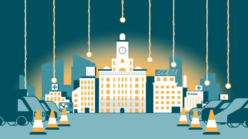 Illustration of a city at night with electric vehicles, solar-powered buildings, and hanging light bulbs, representing a modern energy-efficient urban environment and sustainable infrastructur