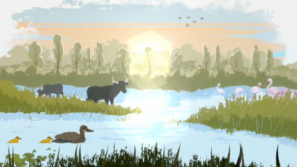 Illustration of a wetland at sunrise with buffalo, flamingos, ducks, and flying birds surrounded by grassy banks and tall trees.