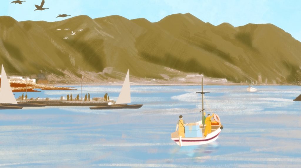 Illustration of fishermen on boats in a calm bay, surrounded by mountains and birds flying overhead under a clear blue sky.