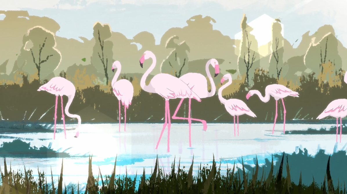 Illustration of a group of pink flamingos wading in a serene wetland, surrounded by grasses and silhouetted trees under soft sunlight.