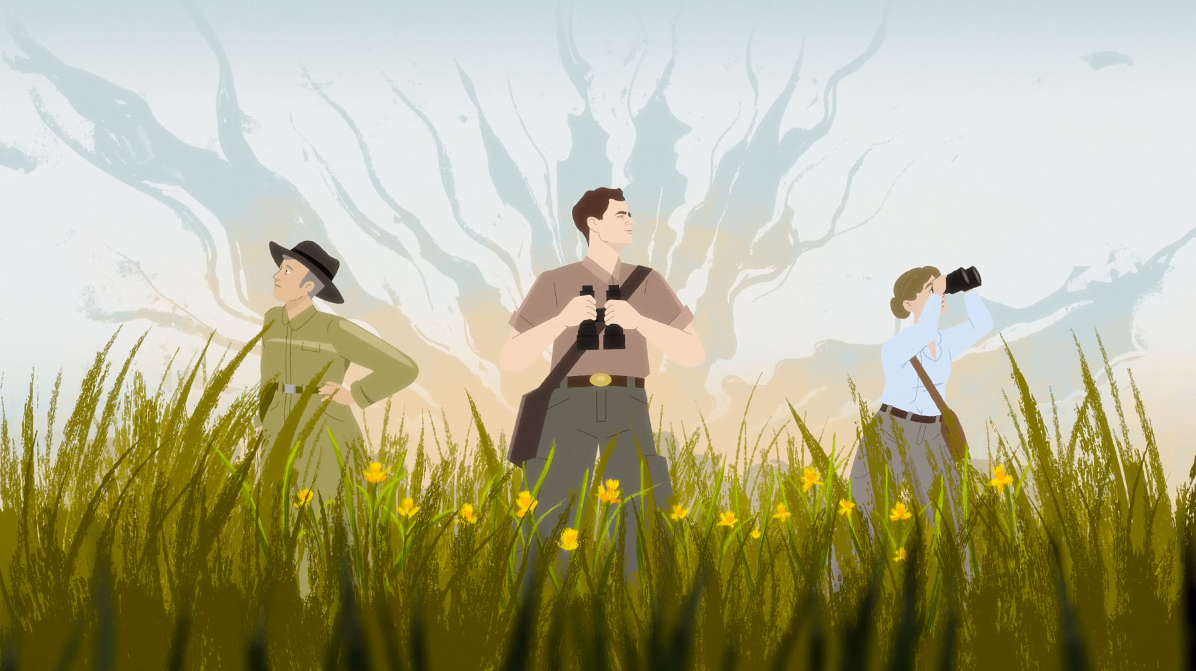 Illustration of three people standing in a grassy field with binoculars, observing nature under a bright sky, with flowers in the foreground and abstract tree-like shapes in the background.