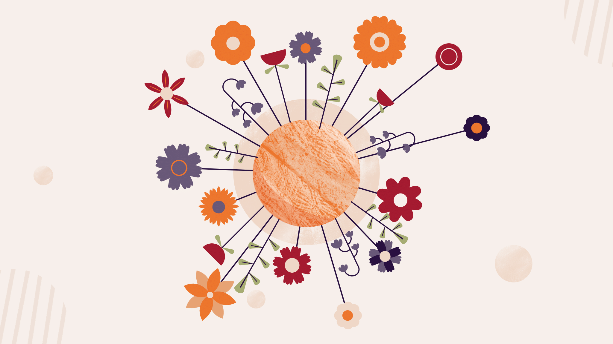 Illustration of a textured orange circle at the center with colorful flowers radiating outward, symbolizing growth, diversity, and interconnectedness on a light beige background.