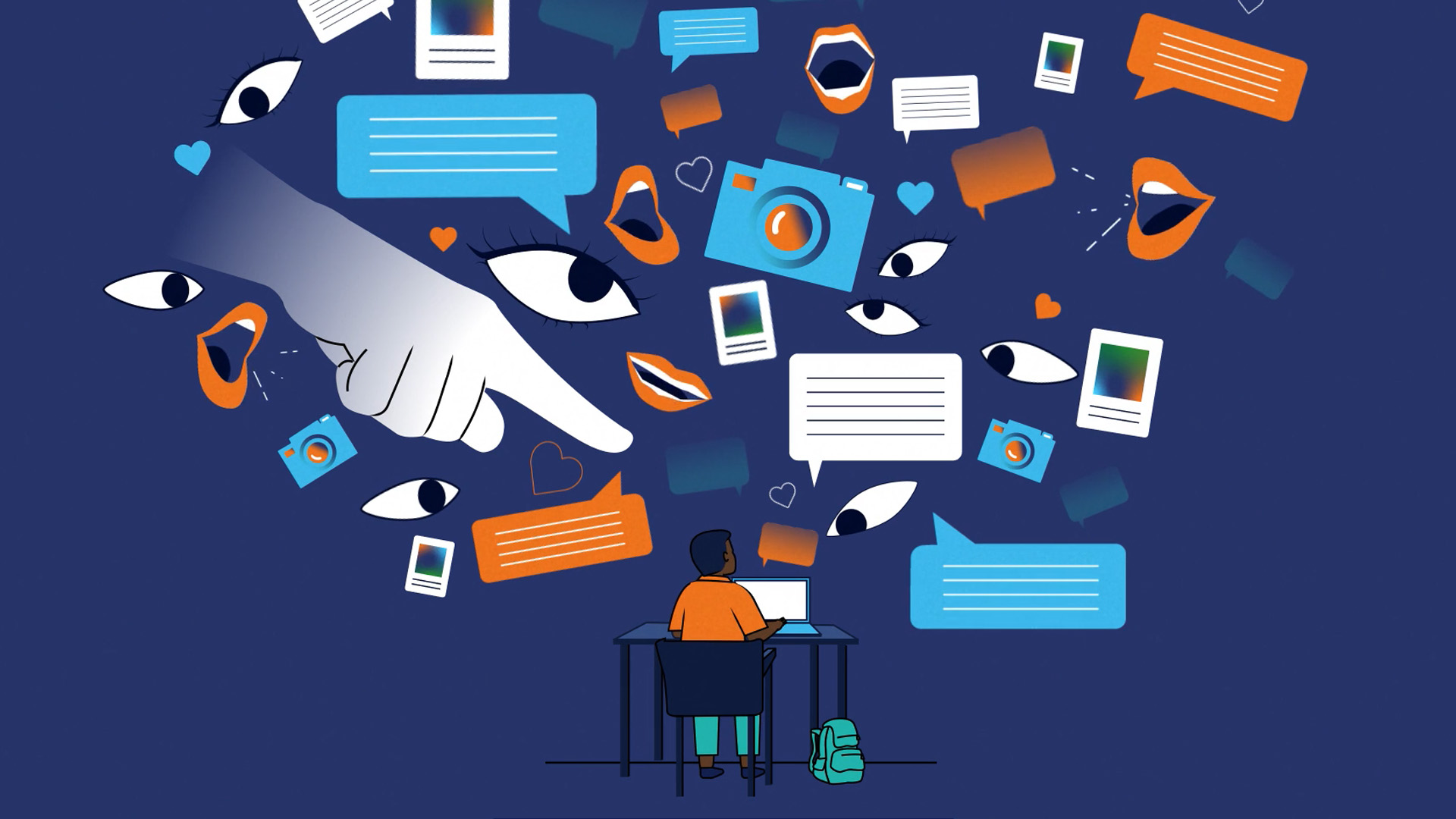 Illustration of a student at a desk using a laptop, surrounded by speech bubbles, eyes, and icons representing online messages, surveillance, and digital interaction.
