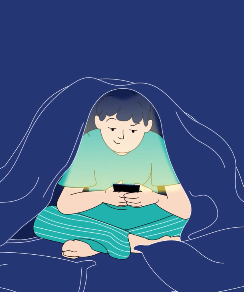 Illustration of a boy under a duvet at night, lit by the glow of his phone screen, suggesting secretive or late-night device use.