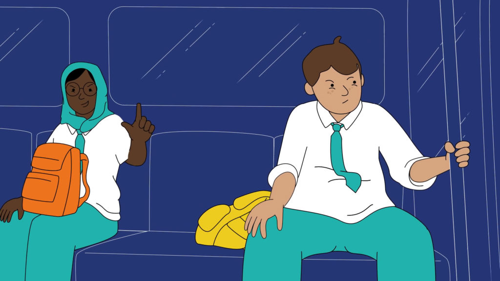 Illustration of a girl and boy in school uniforms sitting on a bus, each with a backpack, engaged in conversation while commuting.