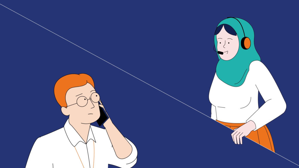 Illustration of a man on the phone speaking with a woman wearing a headset and hijab, representing a support service call or helpline conversation.