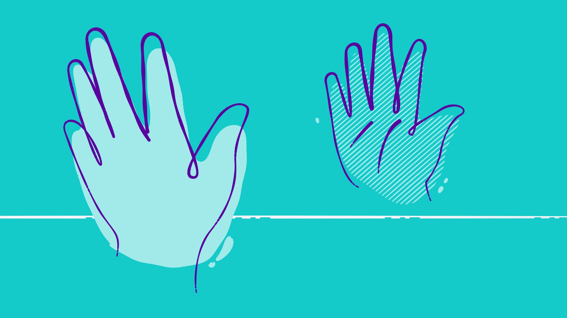 Illustration of two outlined hands reaching toward each other across a line, symbolizing connection or support, set against a bright teal background.