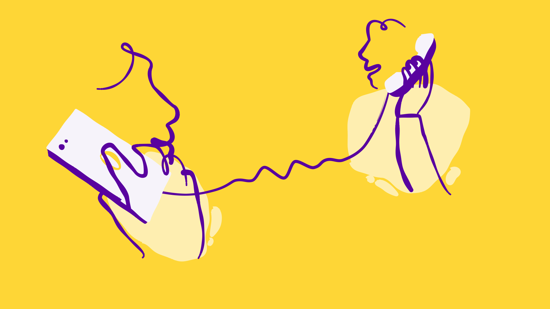 Line art illustration of two people talking on the phone, connected by a single purple cord, symbolizing conversation and connection against a bright yellow background.