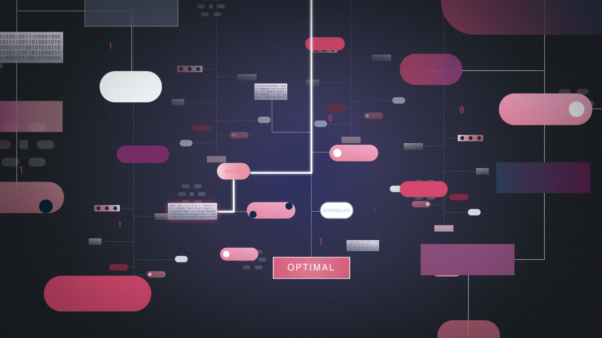 Abstract flowchart illustration with binary code, nodes labeled “ROUTE,” “SCHEDULES,” and “OPTIMAL,” representing data optimization and decision-making in a digital network system.