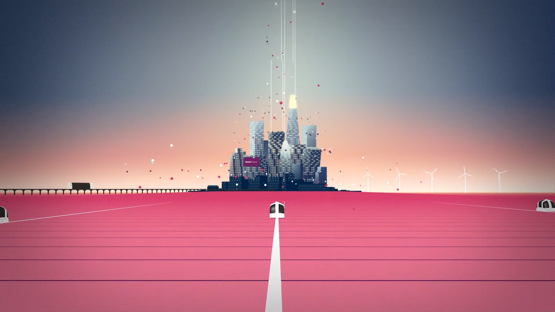 Futuristic trains travel on pink tracks toward a glowing, data-connected city skyline with wind turbines and a digital sunset in the background, symbolizing innovation and sustainable urban growth.
