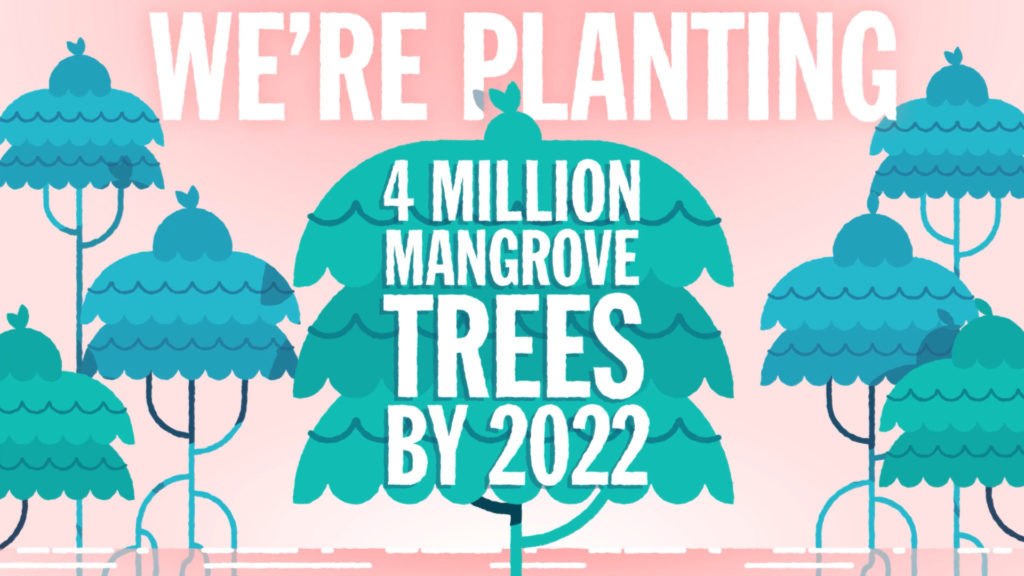 Illustration of stylized blue mangrove trees with text reading 