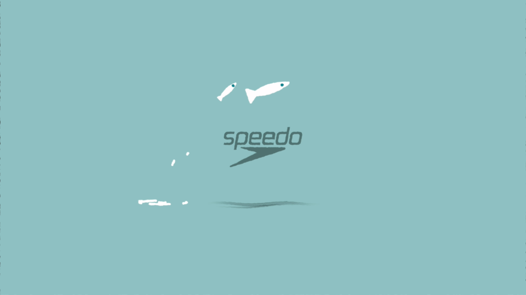 Illustration of two fish swimming above the Speedo logo on a light teal background, with small water splashes below them.