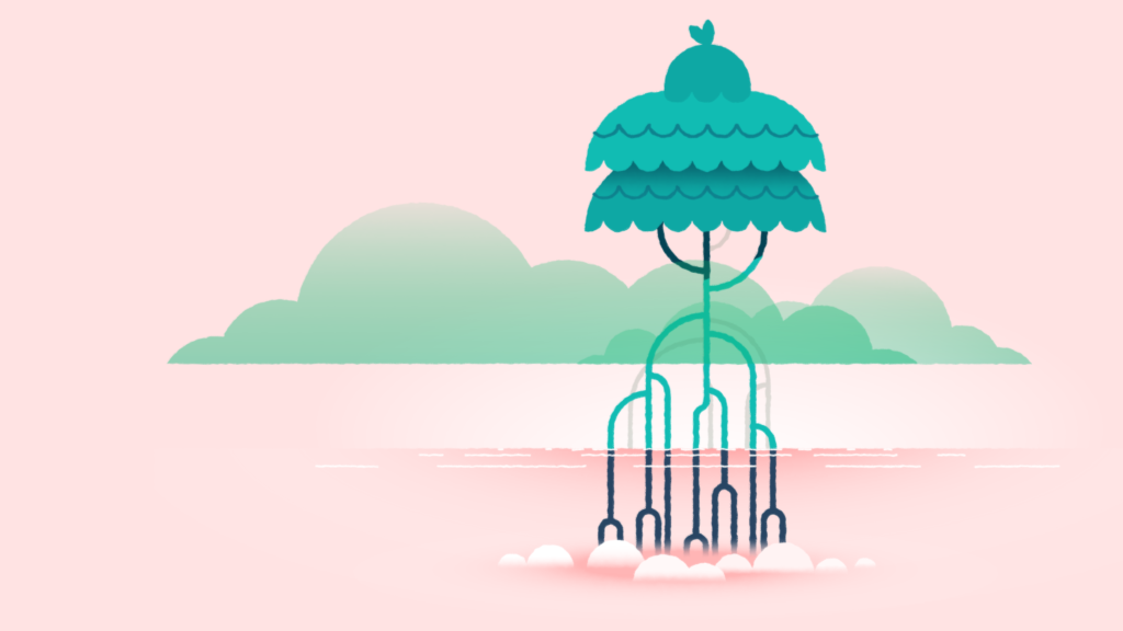 Illustration of two stylized mangrove trees with long roots submerged in pink water, set against a soft pink sky with green clouds, symbolizing environmental conservation and ocean health.