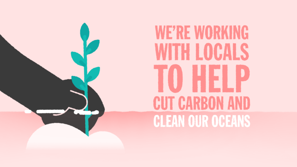 Illustration of a hand planting a small green sapling, with text stating "We're working with locals to help cut carbon and clean our oceans" on a pink background.
