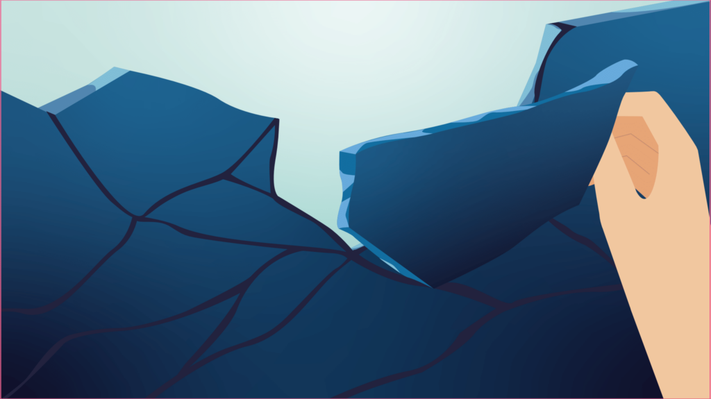 Illustration of a hand holding a large broken shard of a dark blue vase, highlighting deep cracks and damage, symbolizing fragility, healing, or restoration.