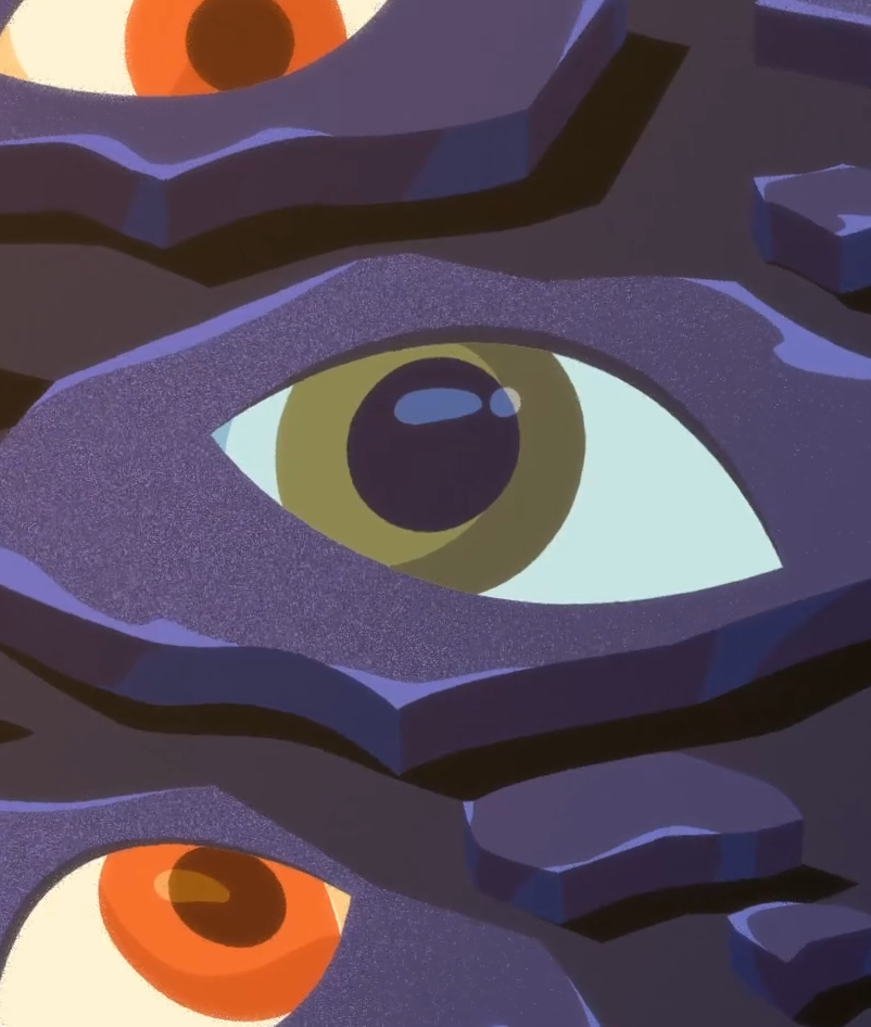 Close-up illustration of colorful eyes embedded within cracked, dark stone surfaces, symbolizing watchfulness, introspection, or perception emerging from fragmentation.
