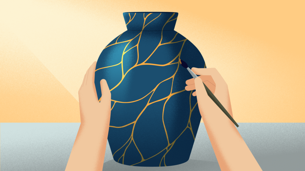 Illustration of hands repairing a cracked vase with gold, symbolizing healing and embracing imperfections through the art of kintsugi.