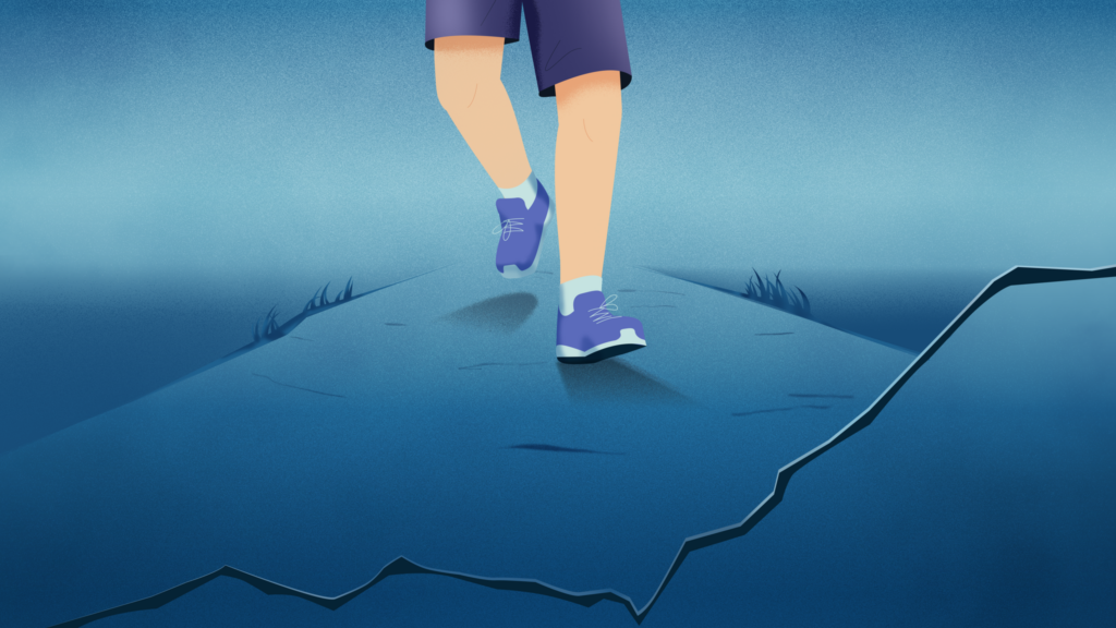 Illustration of a person running on a cracked surface, symbolizing resilience and progress despite instability or mental health challenges.